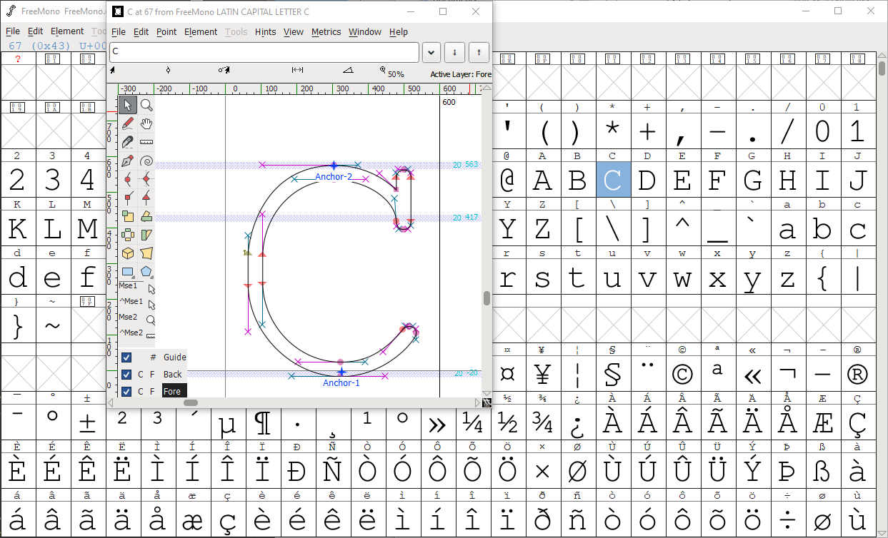 FontForge Haupfenster + Editier-Fenster 